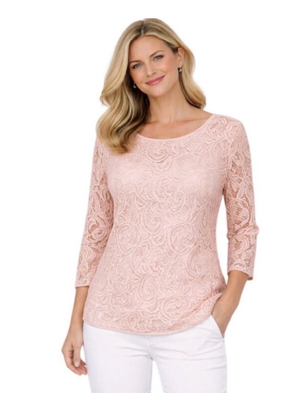Adrianna Papell Pink Lace Blouse Lined 3/4 Sleeve Top Size L